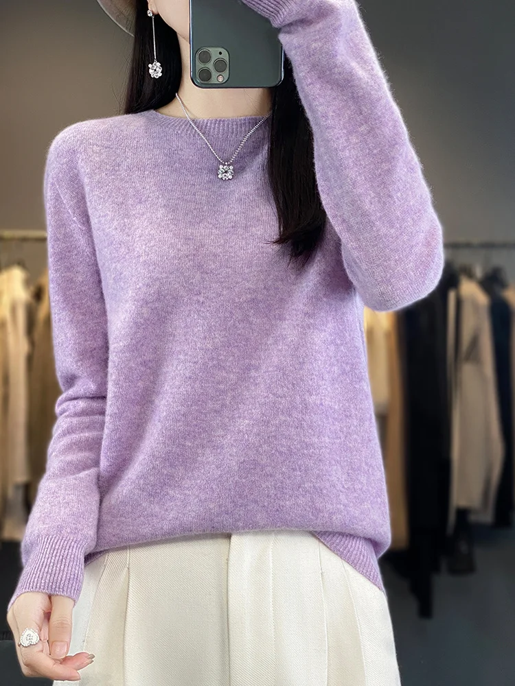 2024 New Women\'s O-Neck Long Sleeve Cashmere Pullover Sweater 100% Merino Wool Knitwear Female Clothing Autumn Winter Tops