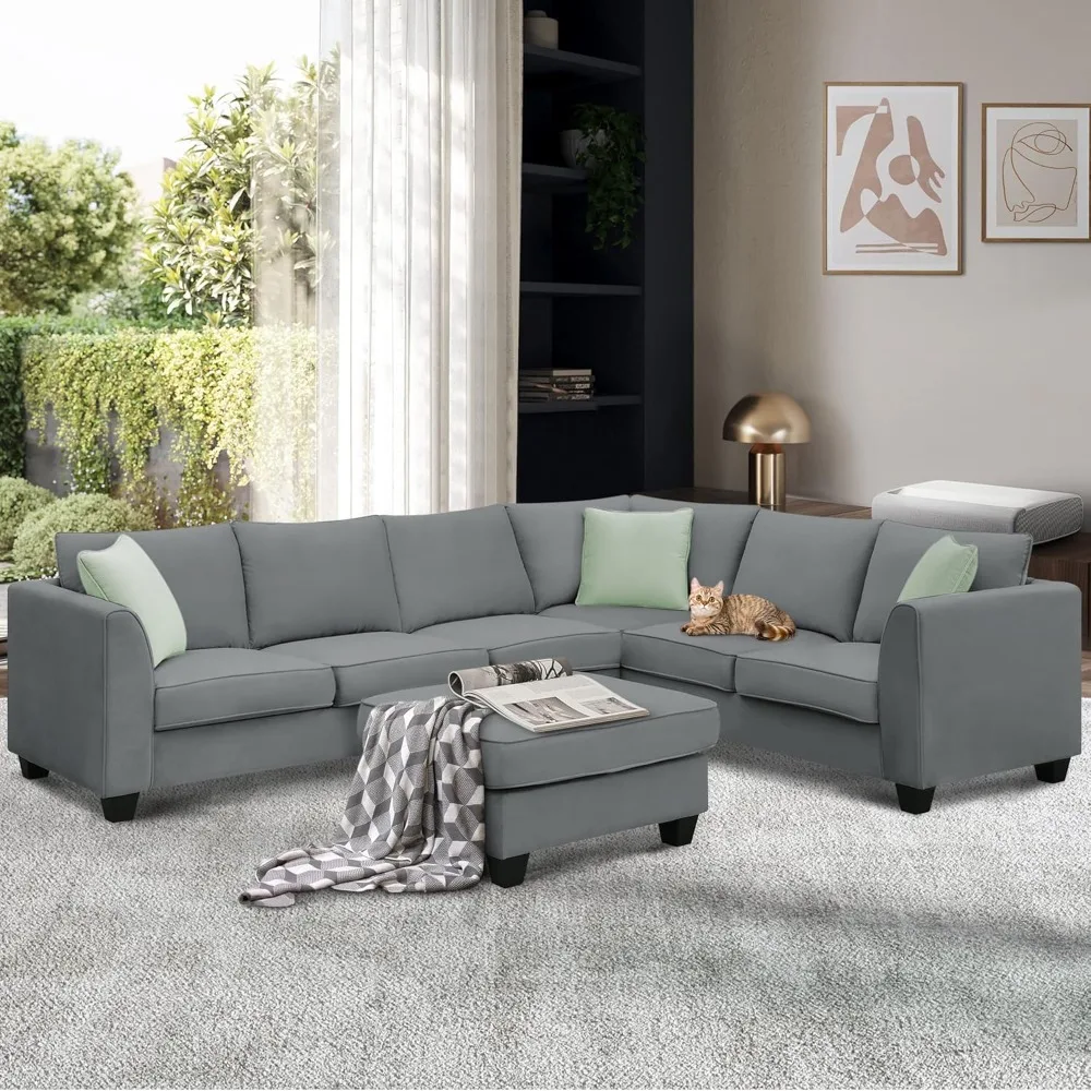 

7 Seats Fabric Modular Sectional Sofa with Movable Ottoman, Corner Couch Set with 3 Pillows for Living Room, Apartment.