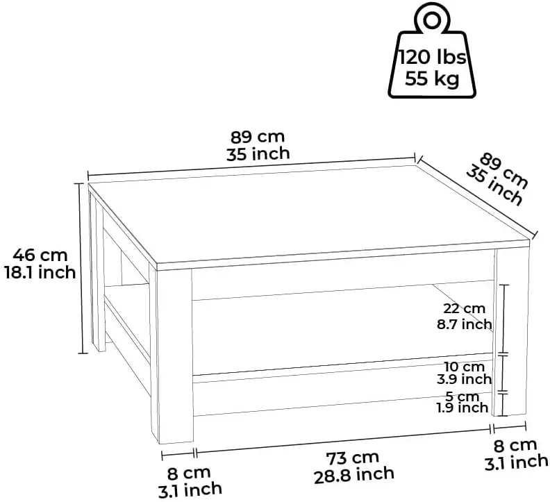 Tables, Living Room Ottoman Storage Shelf, Wood Sofa Table, 35 Inch Farmhouse Coffee Table (White and Oak)