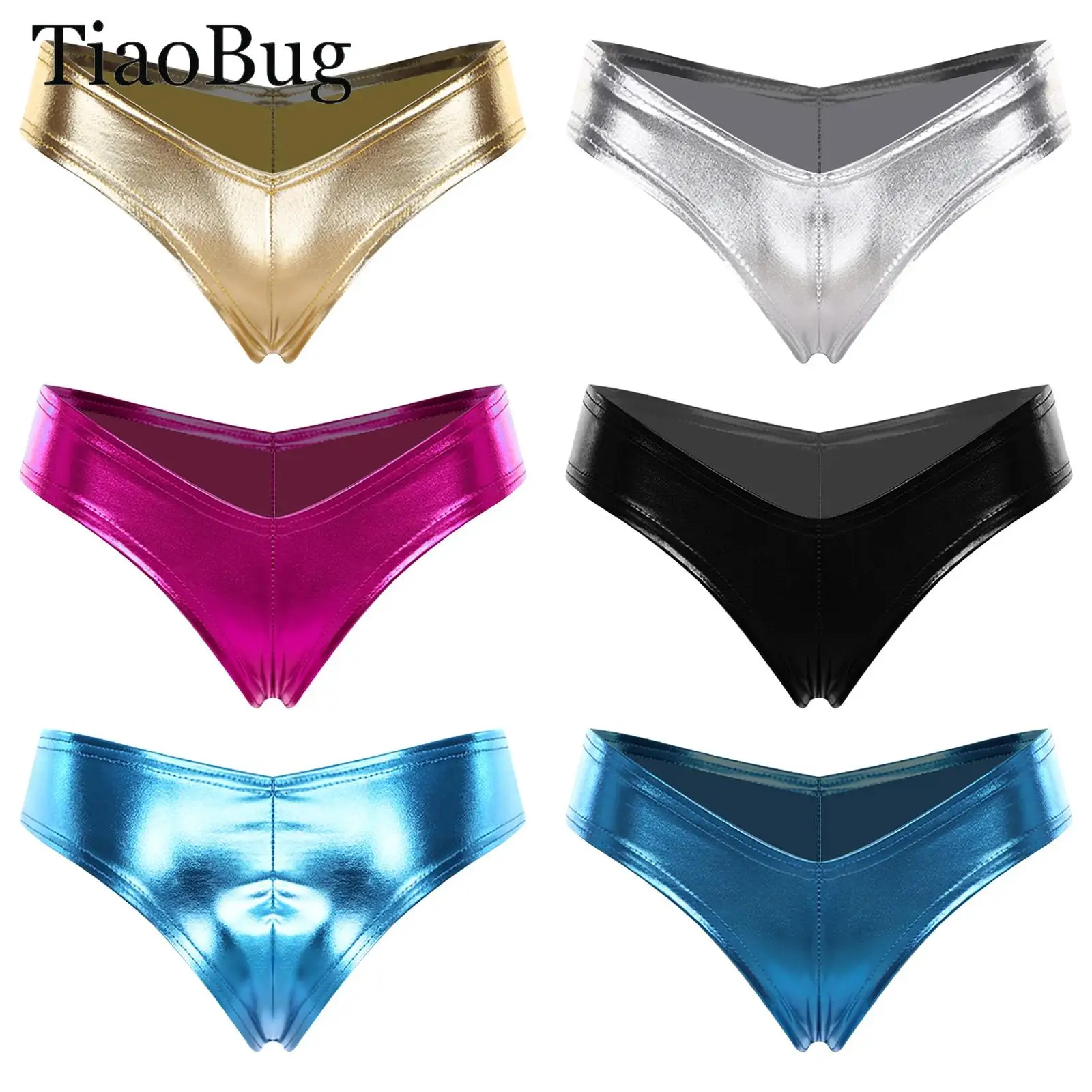 

Womens Shiny Leather Underwear Shorts Metallic Mini Bikini Briefs High Waist Narrow Crotch Booty Panties Lingerie Underpants