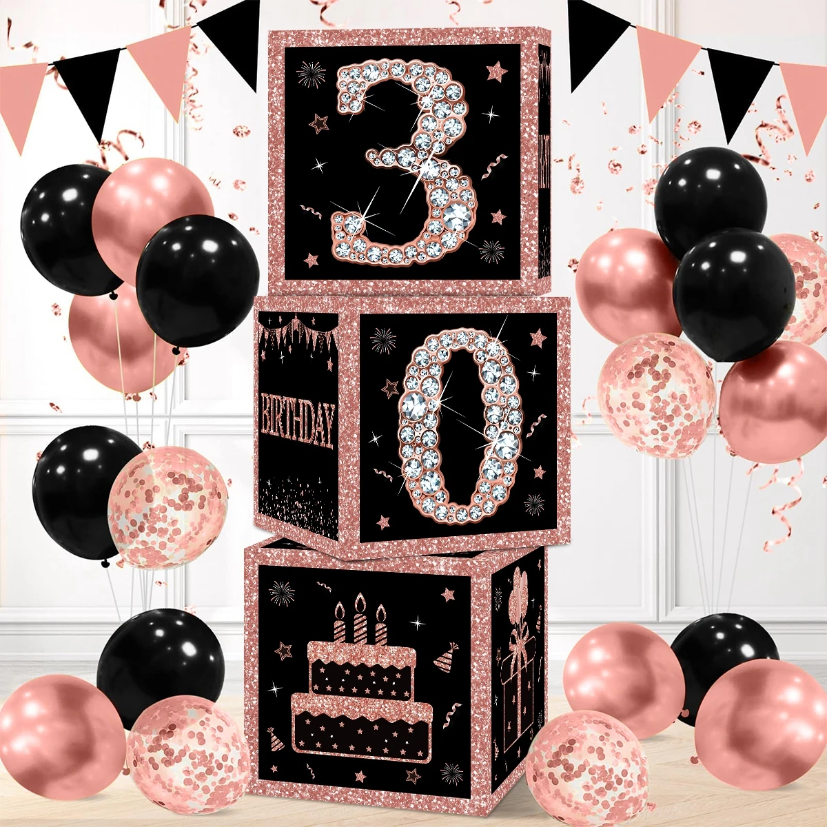 Scatole di compleanno quadrate rosa nere Happy 30th 40th 50th Birthday Party Decor donna adulta 30 40 anni forniture per feste di compleanno