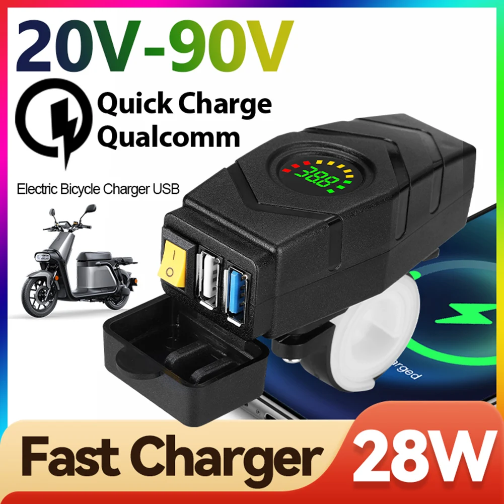 28W QC3.0 Szybka ładowarka USB Wodoodporny 20V-90V Rower elektryczny Motocykle 36V 48V 72V Przełącznik woltomierza z osłoną ochronną