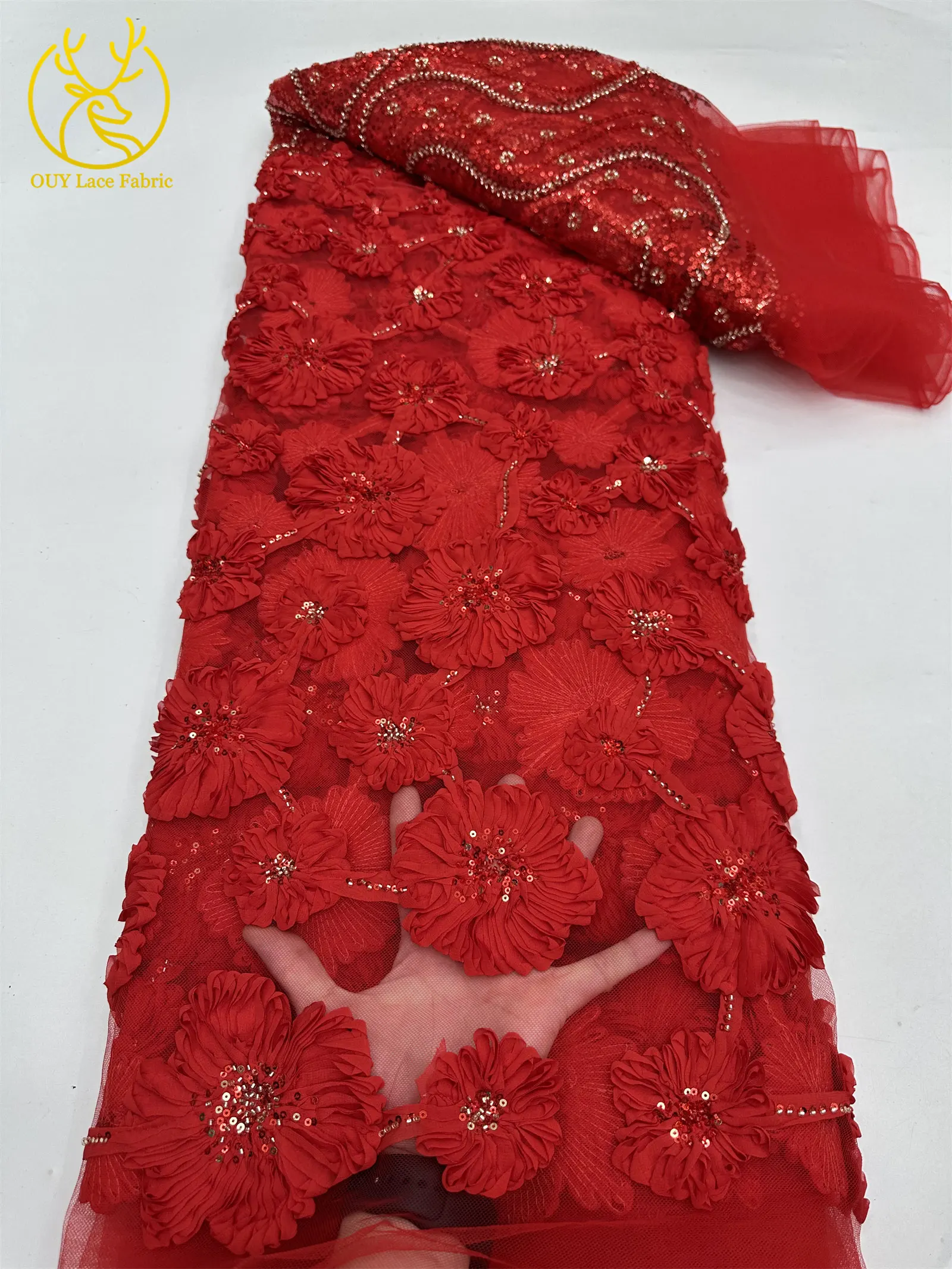 Burgunderroter 3D-Spitzenstoff, afrikanischer Perlen-Spitzenstoff, 5 Yards, nigerianischer Tüll, Pailletten-Spitzenstoff, Party, Damen, Hochzeitskleid, Nähen – Detail 13