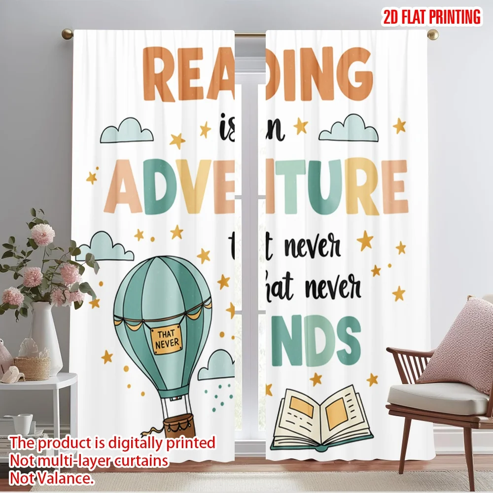 

2pcs 2D flat printing Curtains Reading Adventure Never Ends Fabric Without Electricity All Season Party & Holiday Decor Use for