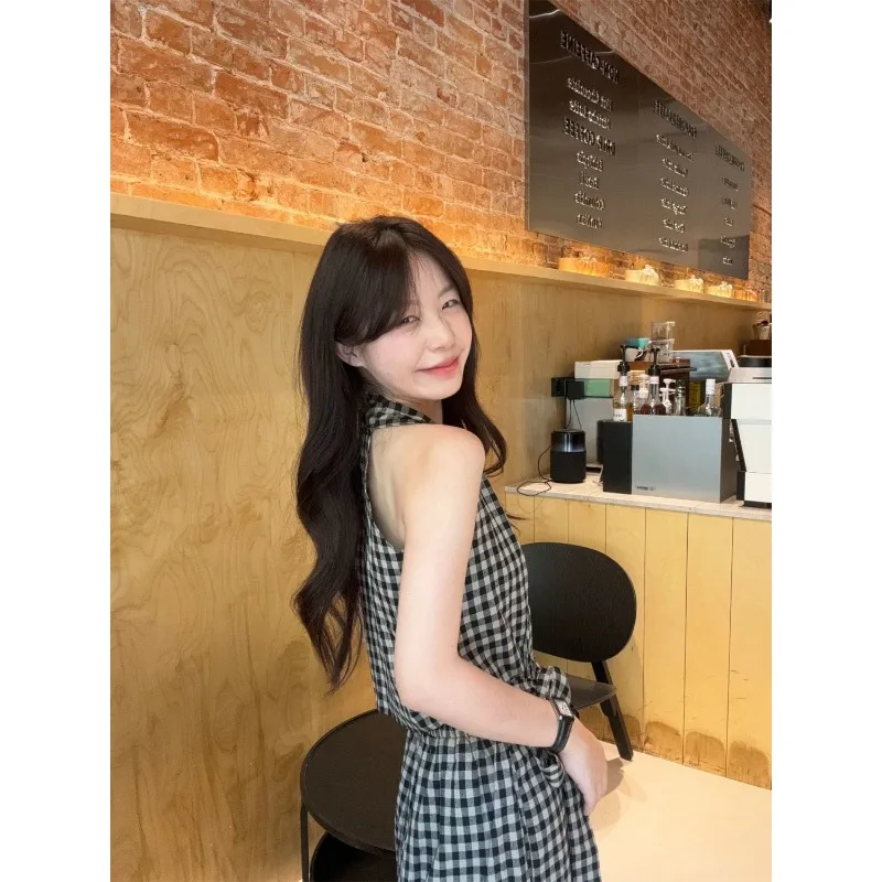 봄과 여름 신상 한국 스타일 니치 디자인 레이스업 홀터 체크 조끼 와이드 레그 캐주얼 팬츠 투피스 세트