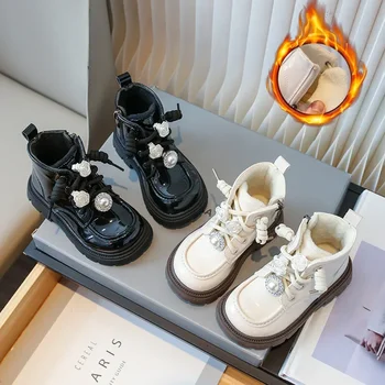 بوتاس نينا الاطفال موضة حذاء من الجلد شتاء دافئ زائد القطن الفتيات الأحذية اللؤلؤ حجر الراين الأميرة بوتاس لينة وحيد أحذية الأطفال