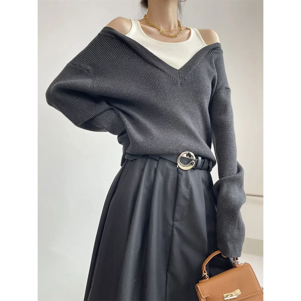 2024 New Arrival Women Long Sleeve Sweater Sexy Off Shoulder Patchwork Clothes Knitted Pullovers Casual Sweater Pull Femme