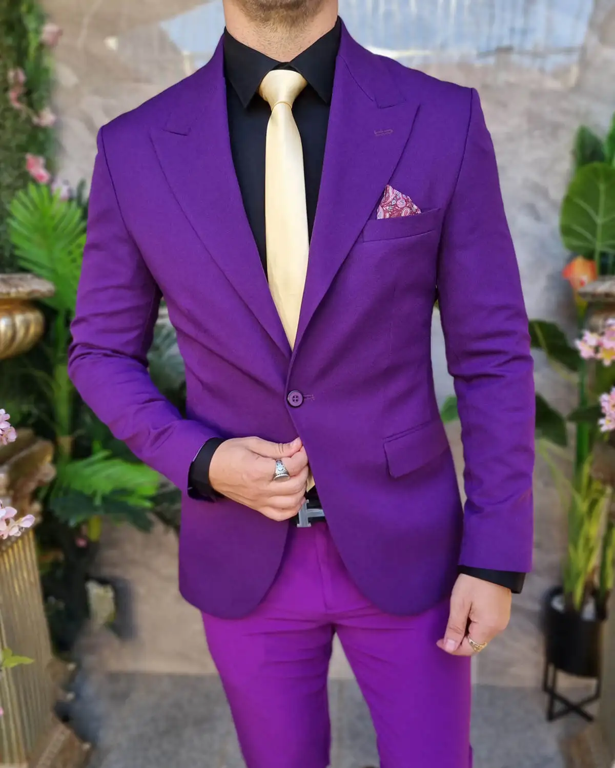 Cor sólida roxo masculino casamento smoking formal negócios calças ternos baile de aniversário jaqueta noivo usar 2 peças conjuntos