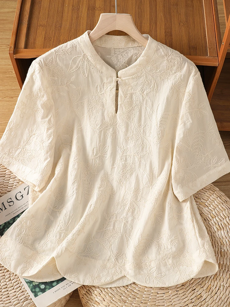 

Elegant Chinese Style Embroidered Shirt Women's Summer Slimming V-Neck Short Sleeve Button-Up Top Vintage Stand Collar Blouse