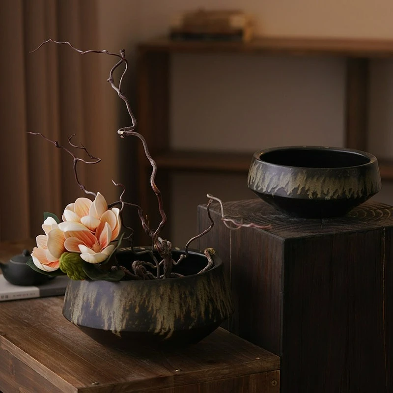 Vintage Wide Mouth Creative Flower Vase Minimalist Study Ceramic Vessel Zen Tea Room B&B Home Decor Accent Display Piece