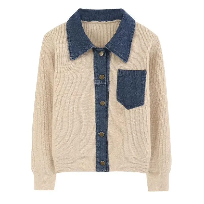 design autumn and winter  collar splicing denim knitted cardigan sweater women's loose and slimming fashion jacket