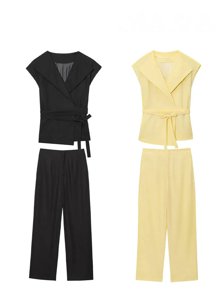 

HH Women Casual Suit Solid Turn-Down Collar Sleeveless Bow Lace-Up Tops+High Waist Pocket Zipper Long Pants Female Slim Set