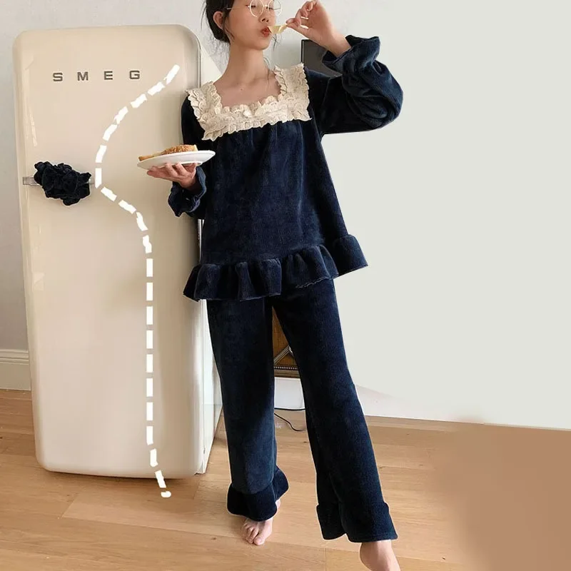 Vintage Thick Fleece Women's Pajamas Sets Elegant Blue Lace Long Sleeve Sleepwear Suits Winter Autumn Sweet Pyjamas Homewear