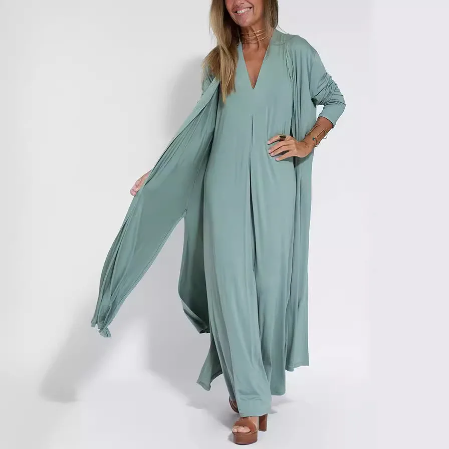 معطف كارديجان طويل بلون سادة للنساء لخريف وشتاء ملابس غير رسمية بحاشية مقسمة مفتوحة من الأمام ملابس خارجية فضفاضة سترة عصرية