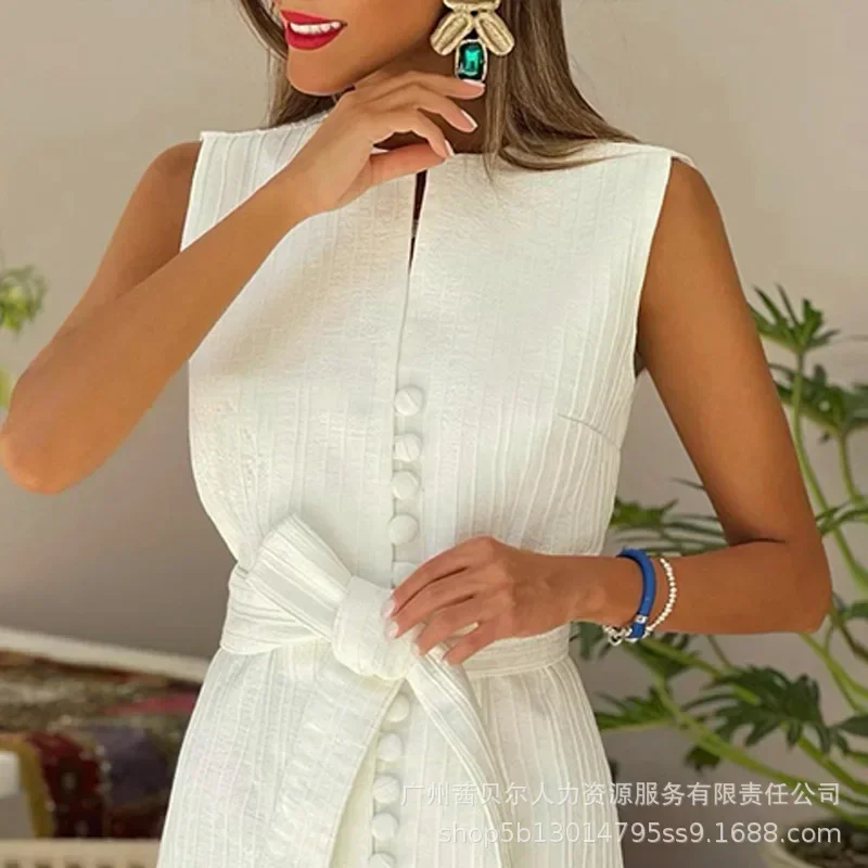 Robe élégante pour femmes, couleur unie, Texture, sans manches, coupe cintrée, taille haute, col rond, blanche, décontractée, longueur aux genoux