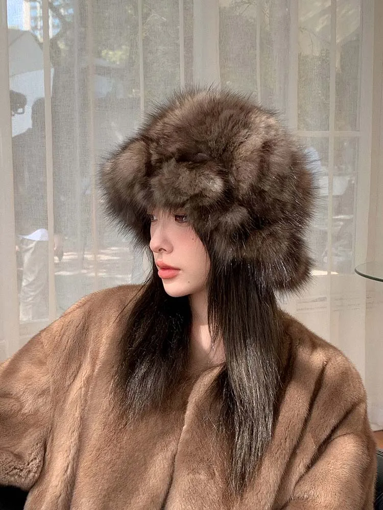 

2024 new style high quality Winter Real Luxury Sable Fur mink hair Hat with custom logo Ladies Genuine Sable Fur Hats for women