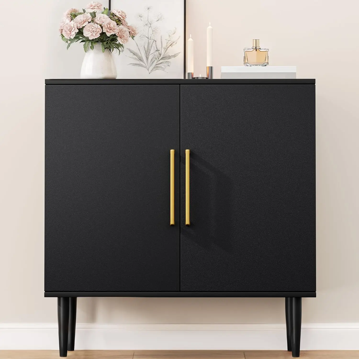 

Modern Free Standing Storage Cabinet, Black Wood Accent Buffet for Living Room, Hallway, Dining Room