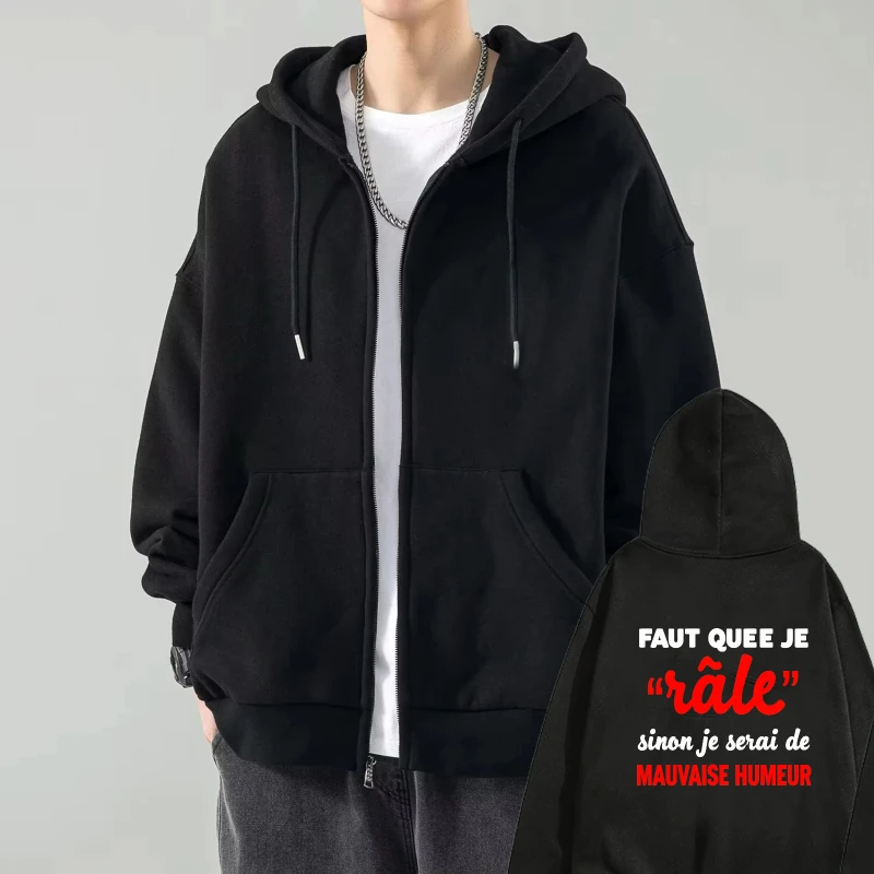 

Mens Hooded Jacket Black French Text Print Rale Design Casual Streetwear for Daily Wear and Fashion Outfits