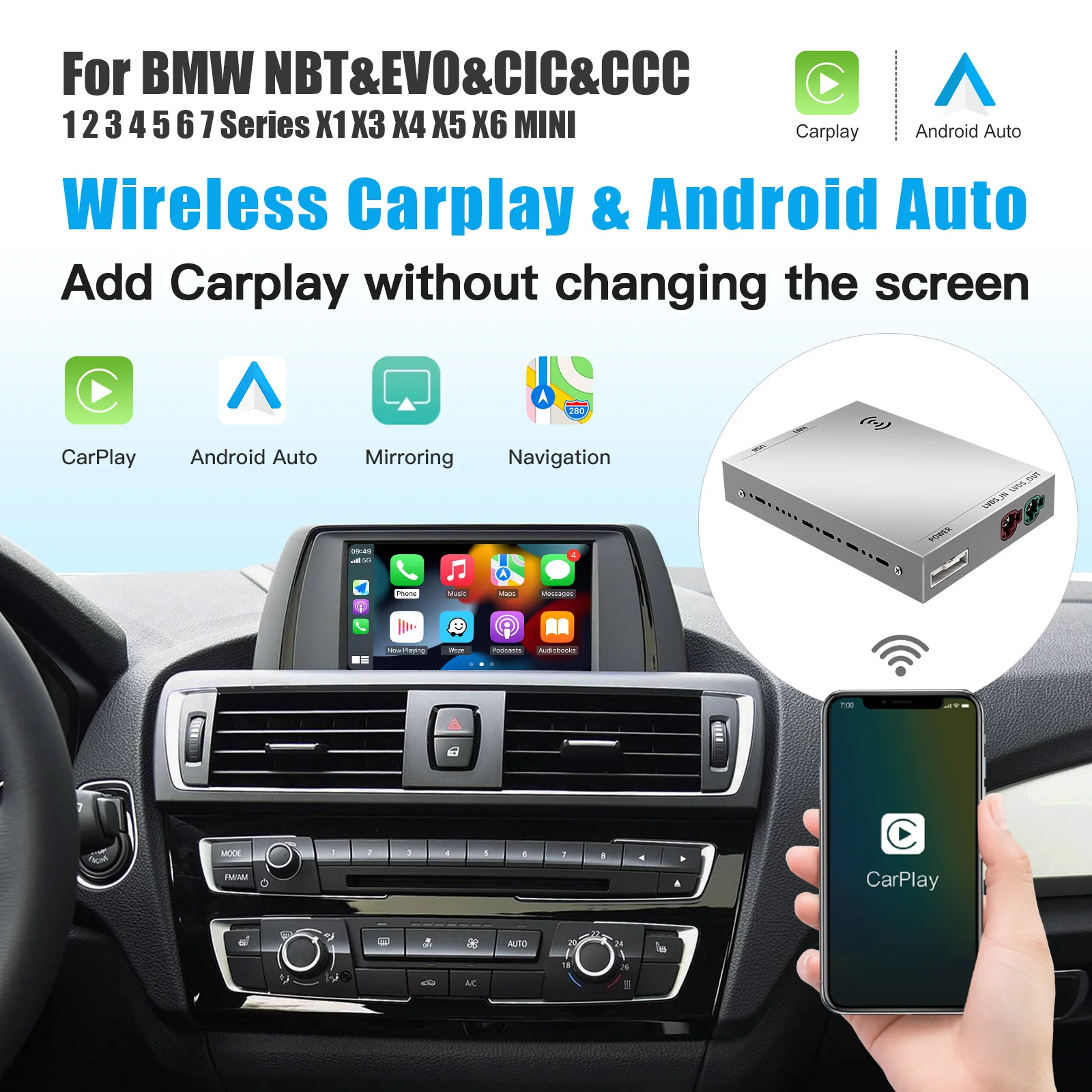 CarPlay sans fil pour BMW, décodeur automatique Android, NBT, CIC, EVO, CCC, série 1, 2, 3, 4, 5, 7, E70, F10, F25, F26, F48, MINI Tage, X5, X6,