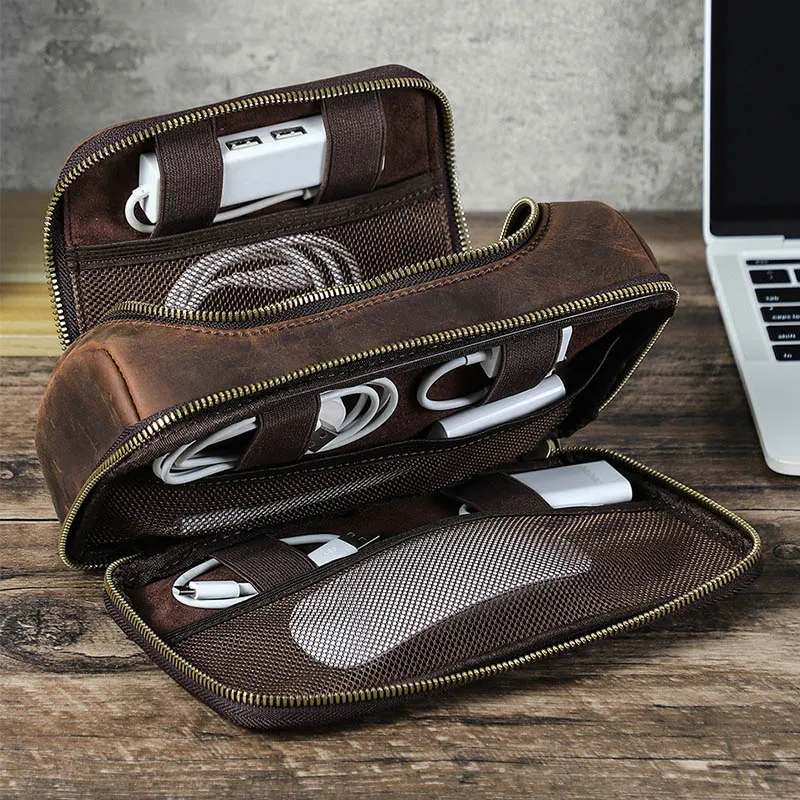 Vintage Crazy Horse Leather Electronic Organizer Bag Genuine Cow Multi-compartment Tech Pouch for Cables, Chargers & USB Drives