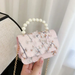 Mooie Bloem Baby Meisjes Ketting Crossbody Tassen Retro Parel Handvat Prinses Vierkante Schoudertas Kinderen Kleine Clutch Handtassen