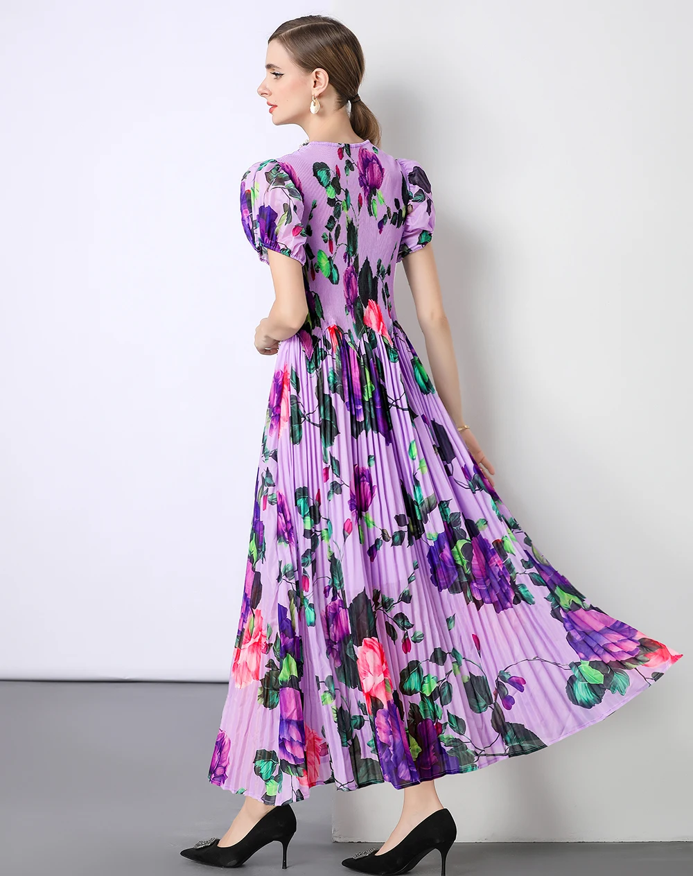 Sukienka wieczorowa z elastycznym pasem, kwiatowy wzór, dekolt okrągły, bufiaste rękawy, długa do podłogi, sukienki imprezowe dla kobiet, stylowa sukienka w kształcie litery A SL208