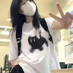 90S Black Cat Pixel Women Print T-Shirt Girl Round Neck Fun Psychedelic Black Cat Casual Y2K Harajuku Top Graphic Tees