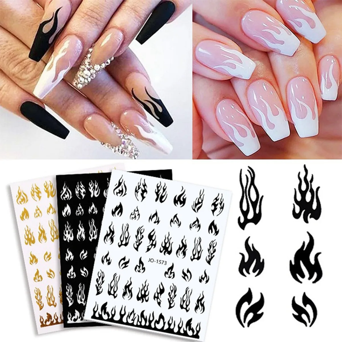 Halloween Nail Art Stickers 3D Black White Gold Silver Flame Design Nail Decoration Decals