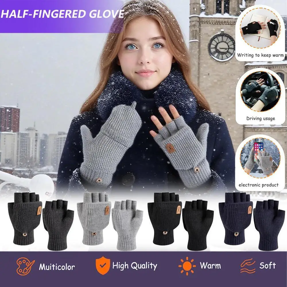 Convertible Knitted Half Finger Gloves Winter Flip Top Warm Fingerless Gloves Knit Mittens For Writing Driving And Touch Screen