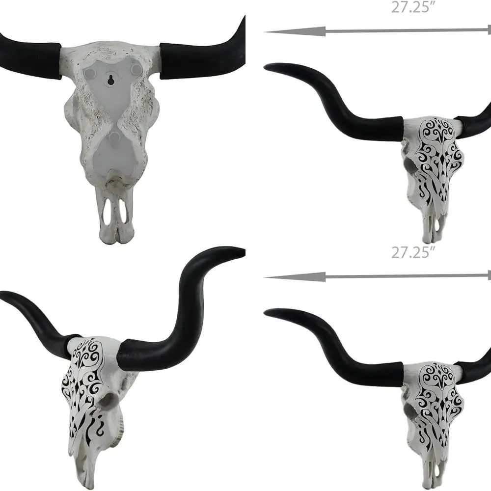

Elegant Black & White Filigree Steer Skull Art - 27.25 Longhorn Wall Decor, Blending Western & Art Deco