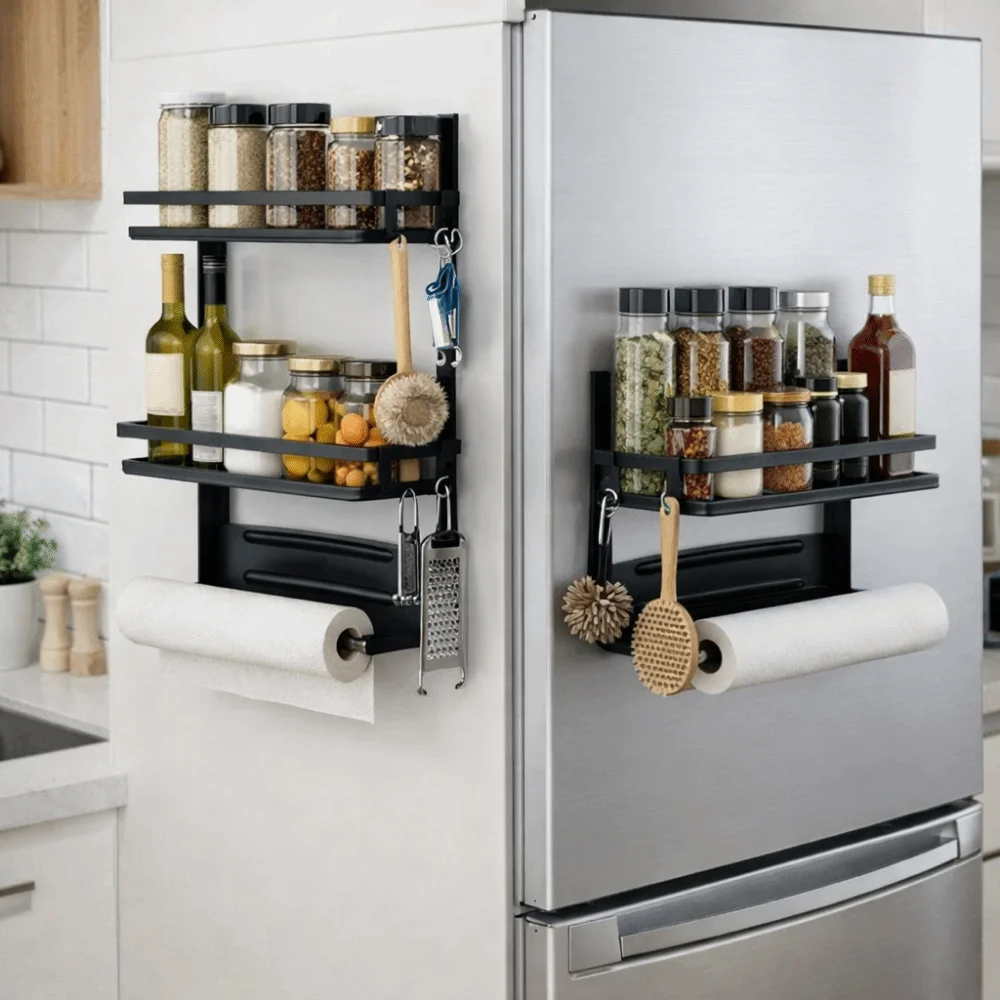 

Wall Mounted Refrigerator Magnetic Shelf Large Capacity Folding Seasoning Storage Organizer Space Saving Refrigerator Organizer