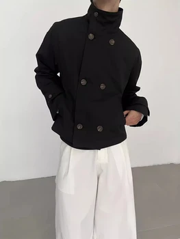 Mauroicardi Spring Autumn Khaki Short Trench Coats Man Stand Collar Double Breasted Elegant Chic Luxury Designer Clothes 2025