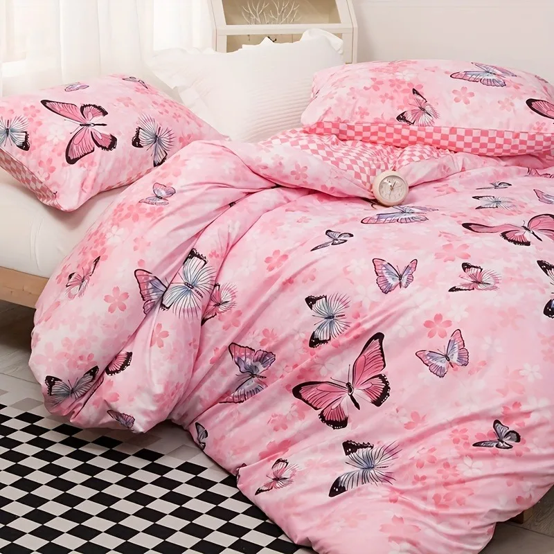 Pink Butterfly Print Bedding Set Sakura Floral Duvet Cover Soft Polyester Bed Linen with Pillowcase Queen King Size