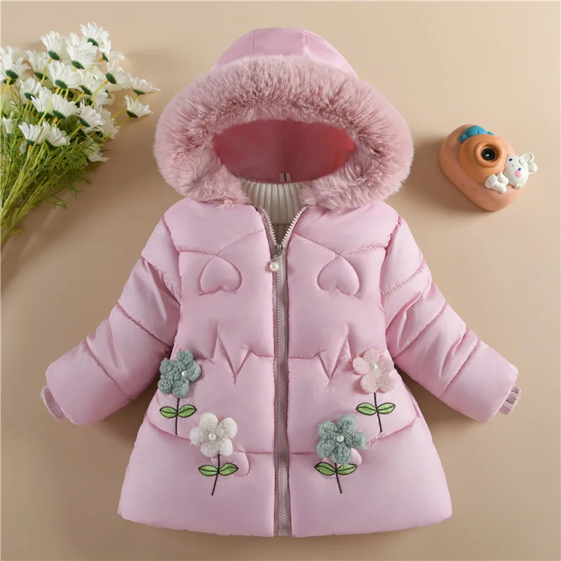 

Girls Winter Padded Thickened Cotton Jacket Kids Hooded Warm Pattern Coat New Children's Fashion Casual Outerwear 1-4 Years Old
