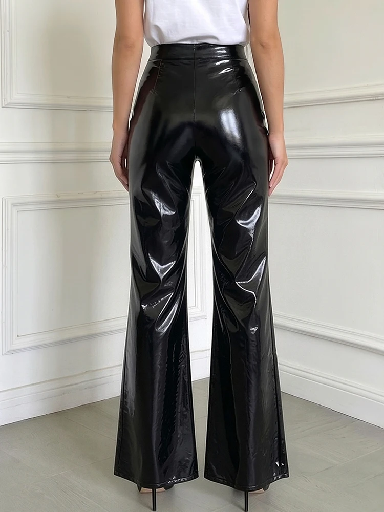 Women Shiny Black Faux Leather Straight Pants Hem Split Ladies Casual Chic Glossy Stretch PU Leather Wide Leg Trousers