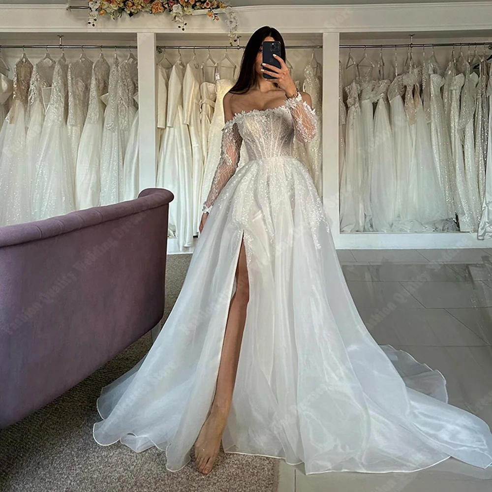 Off The Shoulder White Women Wedding Dresses Glittle Tulle Bridal Gowns Elegant Backless Forking Vestidos De Noivas Customized