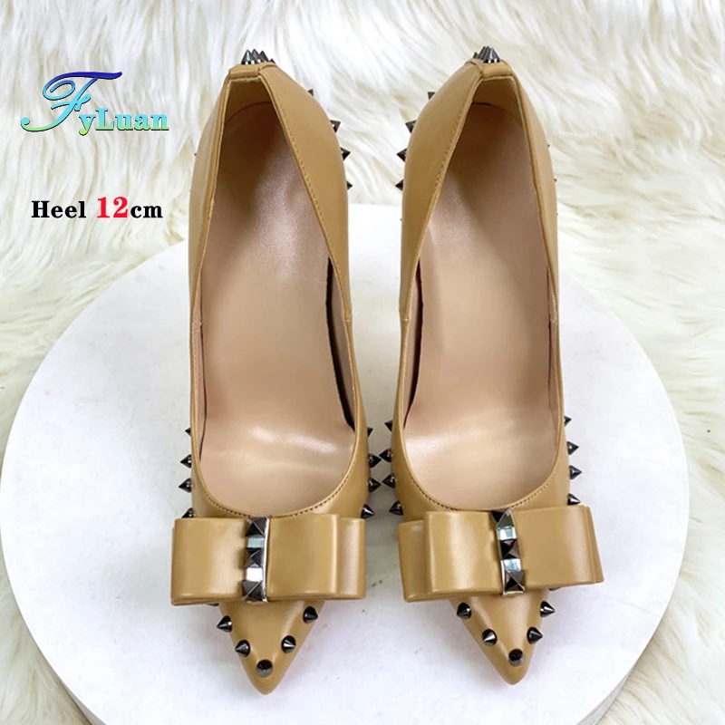 デザイナーレディースシューズヌードカラーリベットハイヒール8CM 10CM 12CMファッションポインテッドトゥパーティーシューズ女性用ボウノットスティレットパンプス