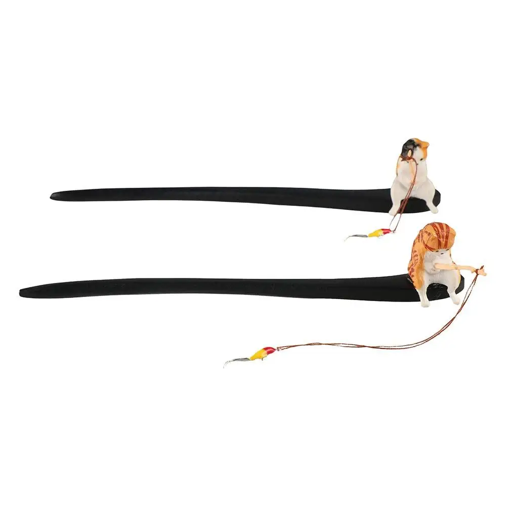 Retro Cat Fishing Wooden Hair Stick Black Sandalwood Chinese Style Hanfu Hairpin Hair Chopstick Hanfu Headwear for Women