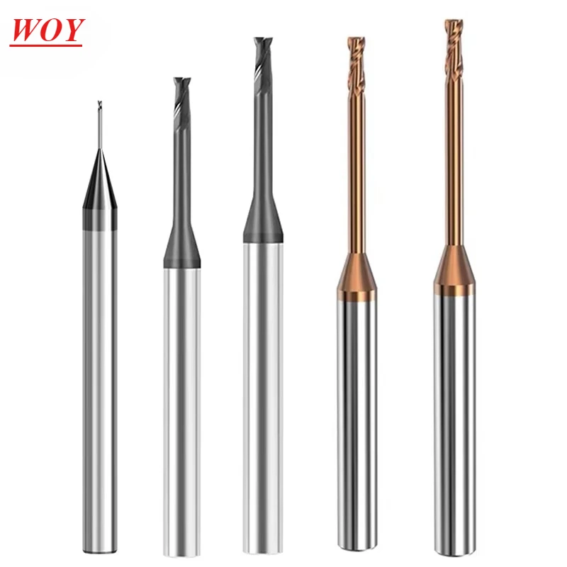 WOY Deep Long Neck Micro Carbide End Mill 2xD Rib Processing Cutter CNC Small Diameter 0.2 0.3 0.4 0.5 0.6 0.7 0.8 0.9mm Mini