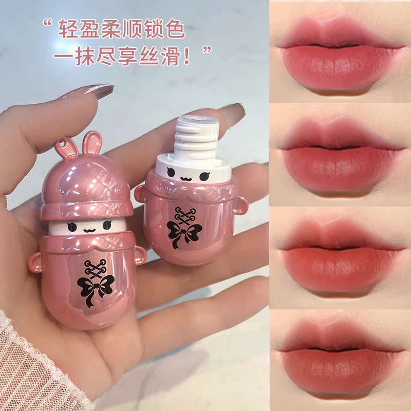 Cartoon Cute Matte Lip Gloss Soft Mist Lip Mud Long-Wearing Glassy High-shine Lip Gloss Non-sticky Hydrating Lip Plumper Makeup