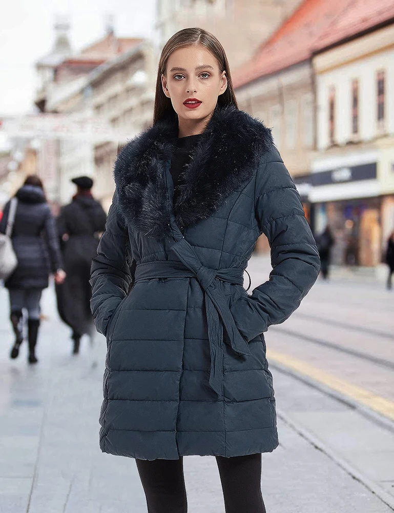 

Giolshon Long Faux Leather Puffer Jacket Women Bubble Padding Coat Detachable Faux Fur Collar Down Coat Waterproof Outerwear