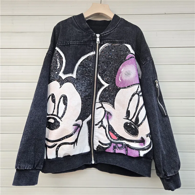 

Cartoon Print Sequin Design Denim Jacket American High Street Loose Stylish Elegant Age-reducing Hip-hop Trendy Outerwear