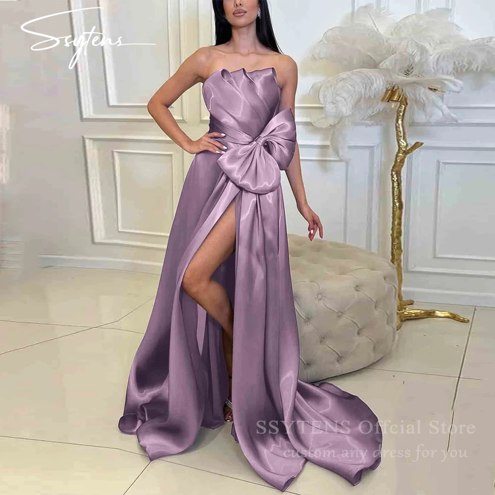 

SSYTENS Purple Strapless Prom Dresses for Women Bow Long Shiny Satin Formal Evening Gowns Slit Elegant Party Dress Customized