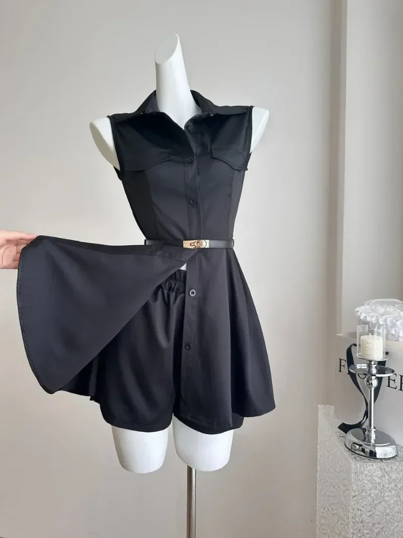 

Korean Fashion New Elegant Women Dress Solid Color Turn Down Collar Sleeveless Shirts Style Short Dresses + Shorts 2pcs Sets