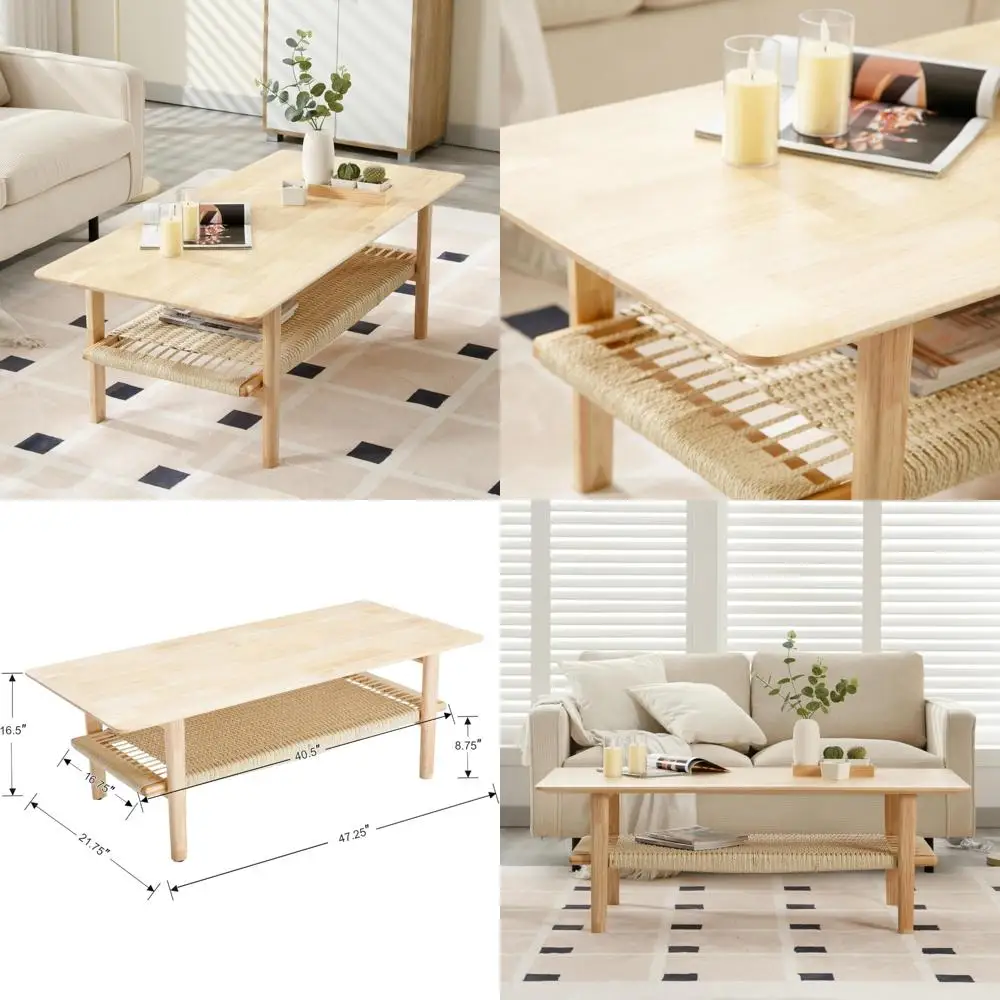 Rustic Rattan Storage Coffee Table - Mid-Century Modern Design with Lower Shelf for Living Room