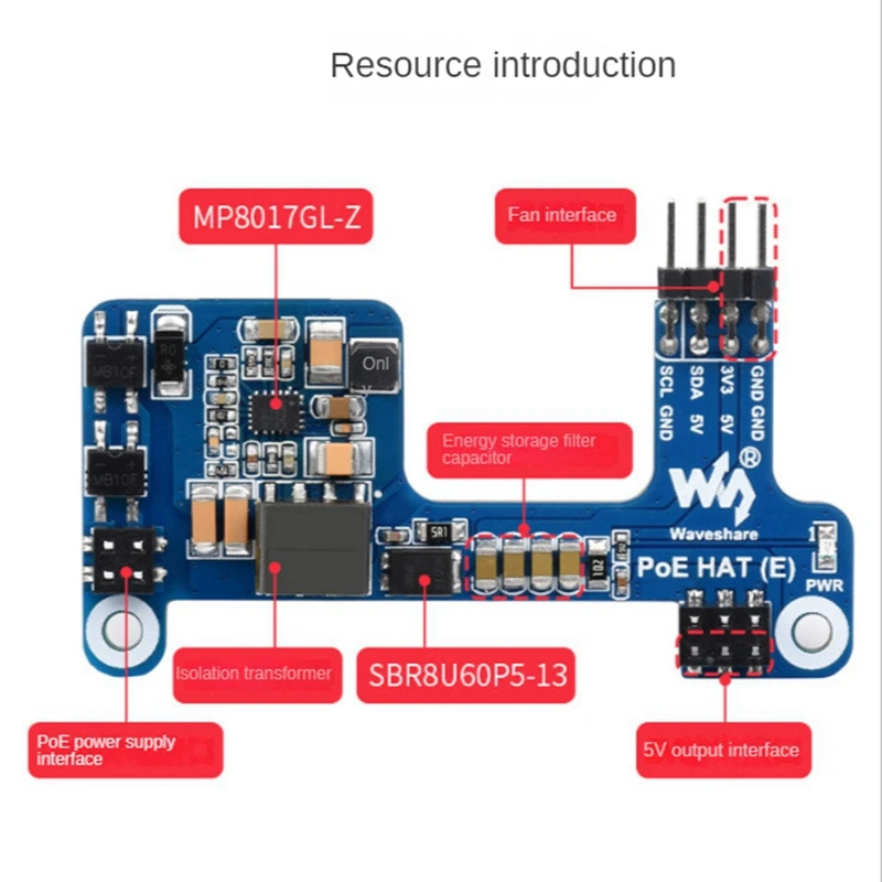 Waveshare PoE HAT(E) for Raspberry Pi Ethernet Power over Expansion Board for Raspberry Pi 3B+/4B for IEEE 802.3Af 1PCS