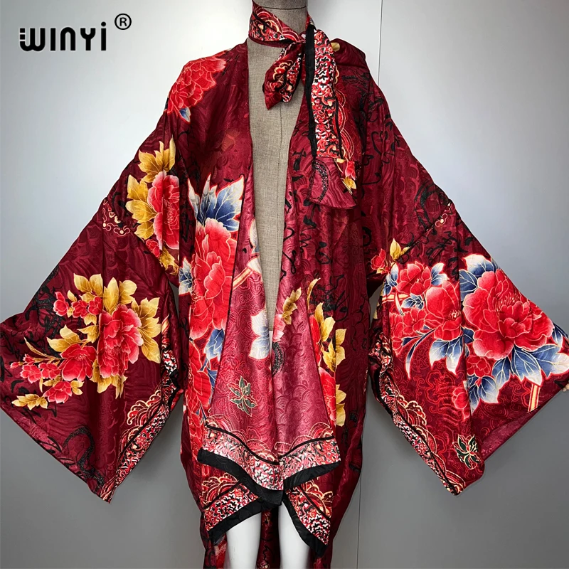 WINYI Summer Beach Wear Cover Up Lady Irregular cardigan printing elegant Silky and skin-friendly sexy Holiday Kimono maxi dress
