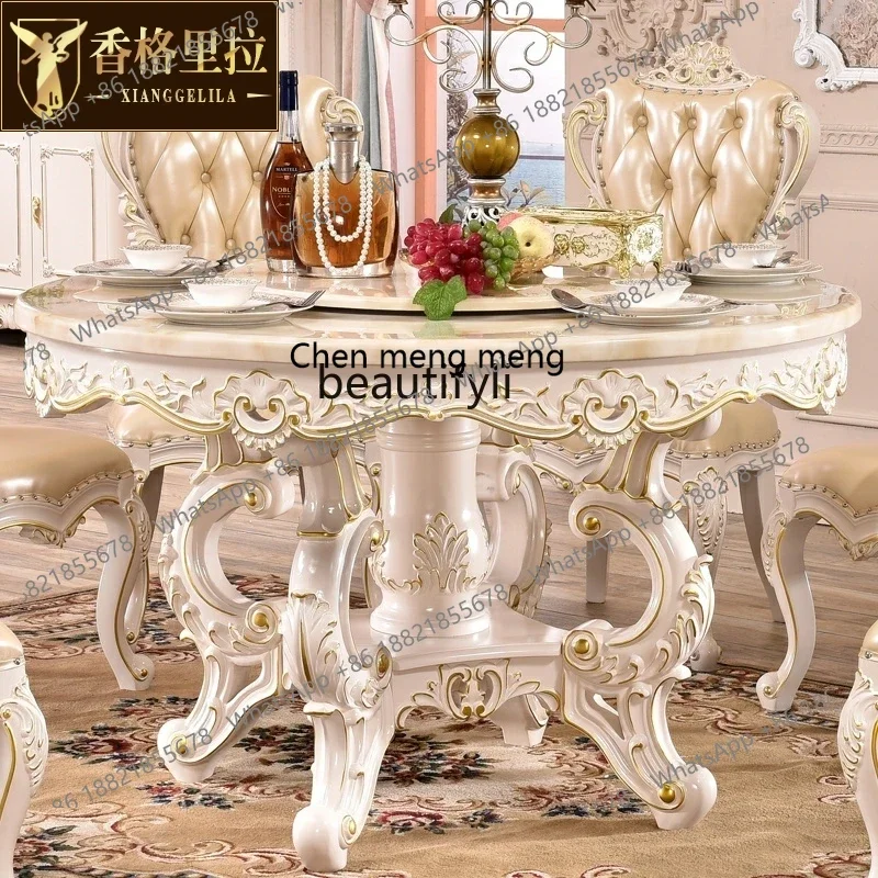 z183  European marble dining table, American luxury restaurant solid wood carving flower belt turntable household, round table