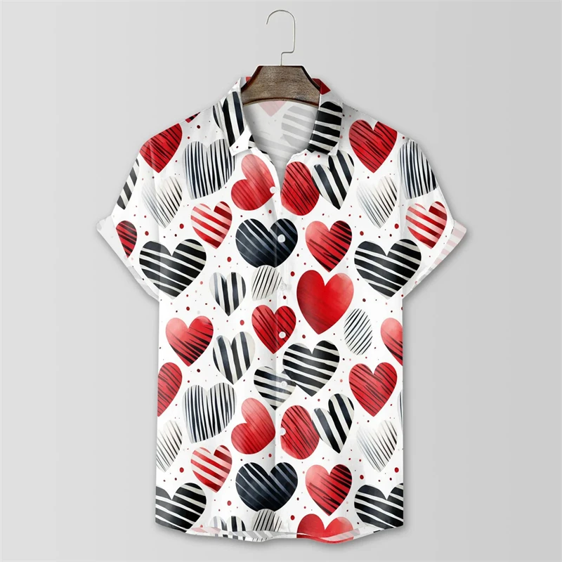 Fashion Hawaii Valentines Heart Retro Shirt Men Flower Casual Plus Size 3d Print Short Summer Male Blouse Social Men's Clothing