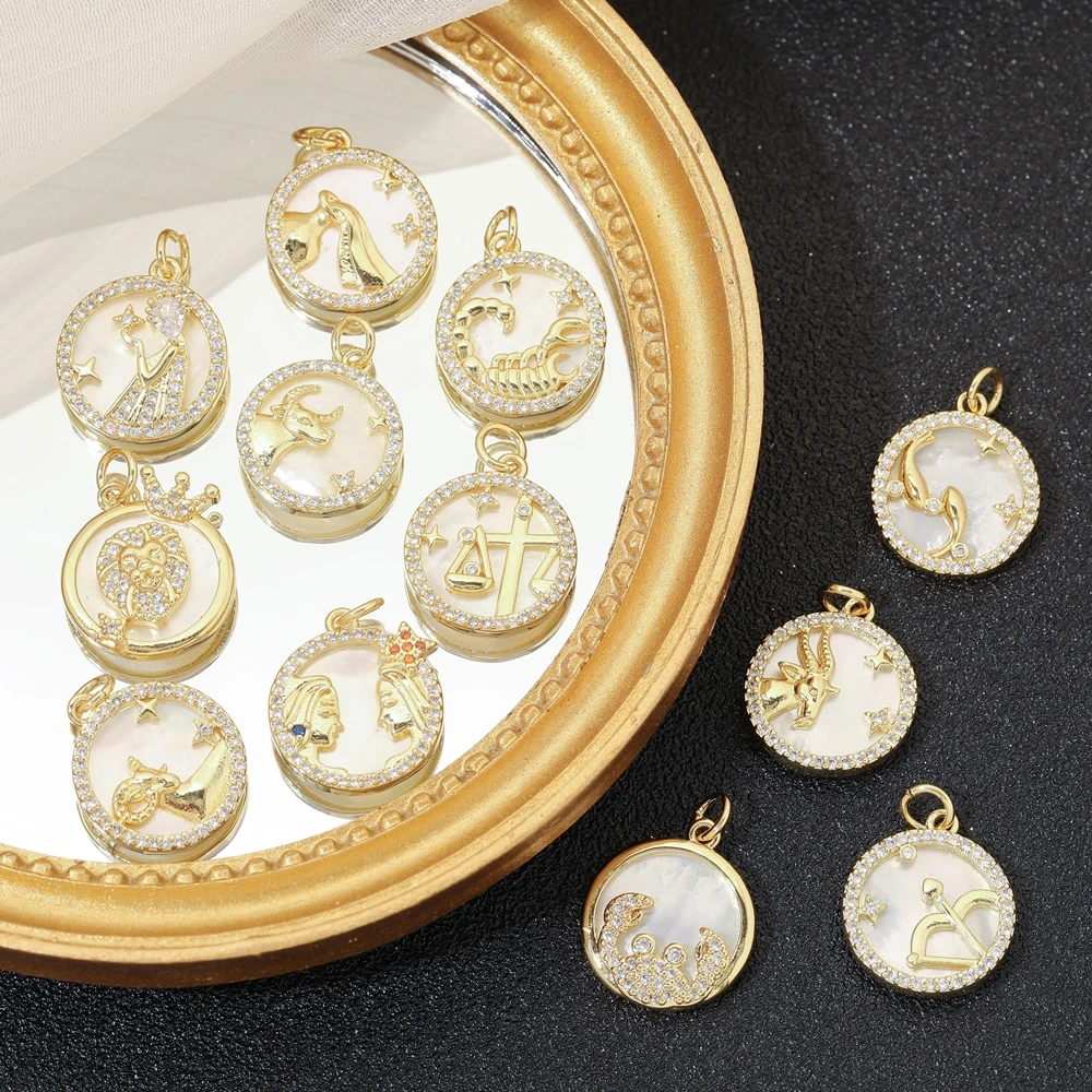 Juya Handmade 18K Real Gold Plated Pearl Shell Medals 12 Zodiac Charms For DIY Luxury Birthstone Pendant Gift Jewelry Making